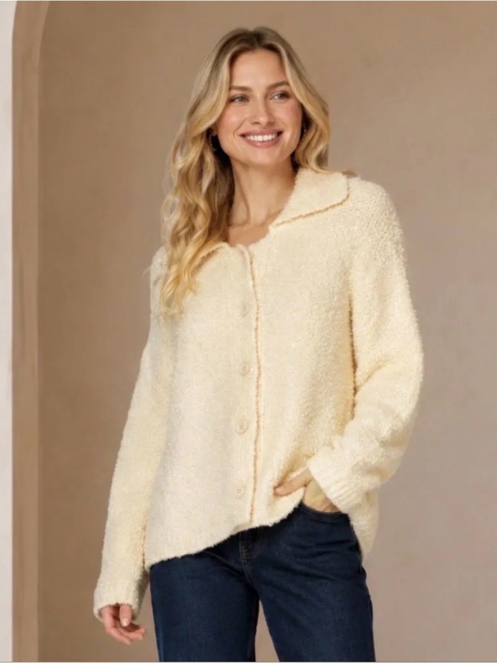Cozy Cream Button-Up Bouclé Jacket